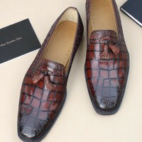 Crafted Leather Brown Crocodile/Alligator Leather Tassel Loafers Dress Shoes - Thumbnail 2