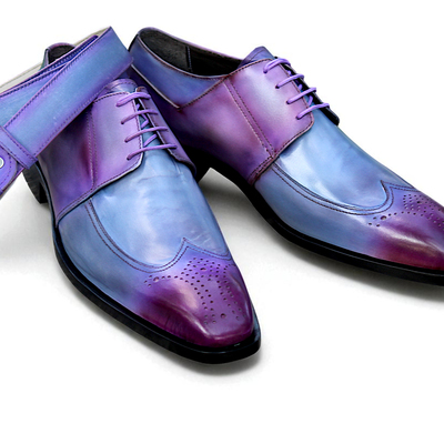 Crafted leather stunning men purple leather wingtip oxford dress shoes with matching belt