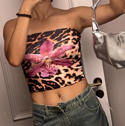 Brown leopard print floral tube top