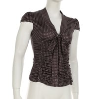 V-neck tie pleated slim shoulder T-shirt polka dot short-sleeved top - Thumbnail 2