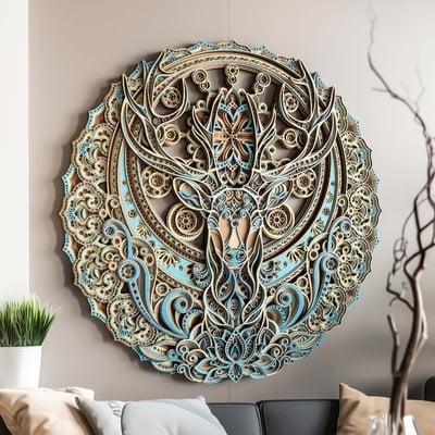 Stereowood mystic deer multi-layer wall, large geometric wood wall art