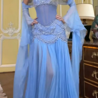Off the shoulder pretty light blue chiffon prom dresses with beading - Thumbnail 1