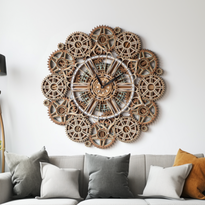 Stereowood celestial gear wall clock, 3d geometric wood art, multi-layer mandala clock, handmade wood decor, modern wall art for home office