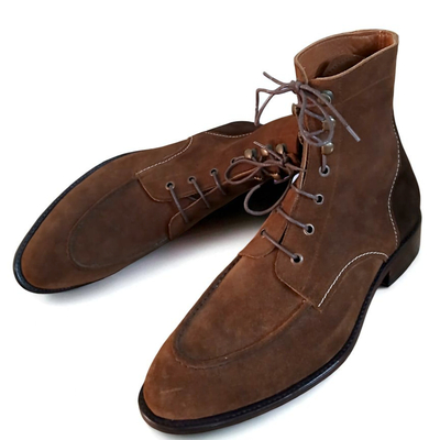 Crafted leather brown suede leather ankle high lace up dress boot