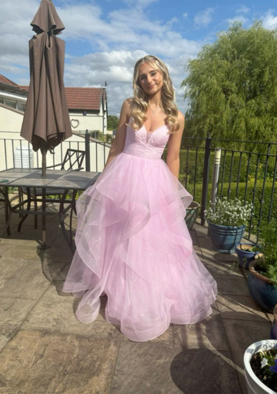 Sweetheart Pink Tulle Straps Layers Long Party Dresses