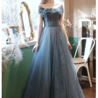 Bluish Grey Off Shoulder Long Evening Dress - Thumbnail 1