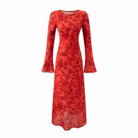 Retro Rose Print Elegant Slim-Fit Bell Sleeve Dress - Thumbnail 1
