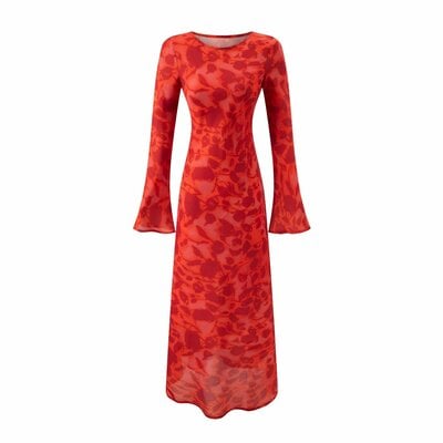 Retro Rose Print Elegant Slim-Fit Bell Sleeve Dress