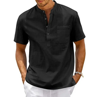 Men’s Cotton Linen Henley Shirt – Casual Short Sleeve Beach Top with Pocket - Thumbnail 1