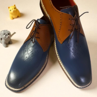 Crafted Leather Classic Men Blue Brown Leather Oxford Lace up Dress Shoes - Thumbnail 5
