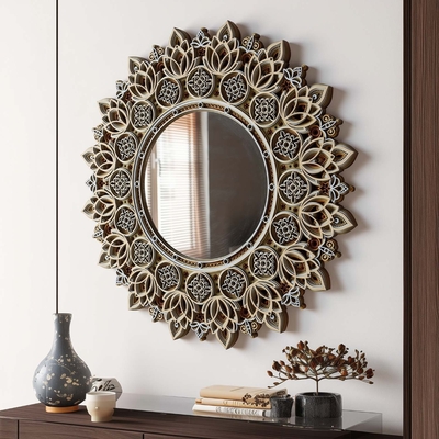 Stereowood decorative wall mirror, handcrafted laser-cut layered wood art, home decor for modern zen interiors