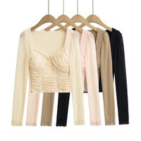 Sexy slim-fit lace-paneled short mesh inner T-shirt - Thumbnail 3