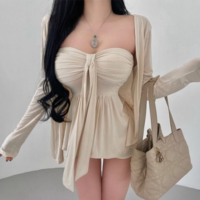Women's twisted pleated ribbon tube top + long-sleeved cardigan jacket two-piece set