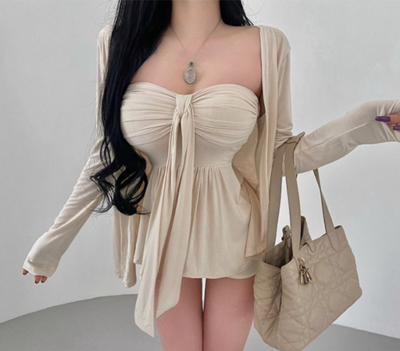 Women's Twisted Pleated Ribbon Tube Top + Long-sleeved Cardigan Jacket Two-piece Set