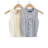 Round neck cross-strap short sleeveless knitted vest - Thumbnail 2