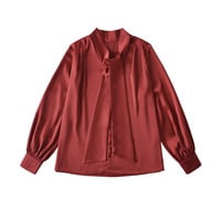 High-grade satin sweet shirt bow white loose versatile commuter top - Thumbnail 2