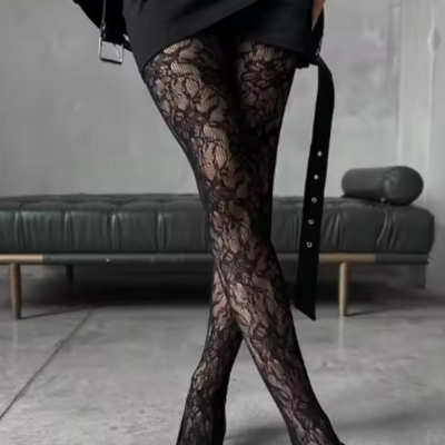 Red floral fishnet tights - cranberry colored patterned tights - women's patterned tights