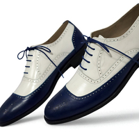 Crafted Leather Classic Men Blue White Calf Leather Lace up Oxford Dress Shoes - Thumbnail 2