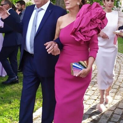 Hot pink fuchsia sheath satin one shoulder tea-length prom dress evening formal gown sexy birthday party gown