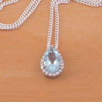BOXED GIFT SET/Sterling Silver Blue Topaz & Cz Pendant & Chain/Blue Topaz Necklace/Topaz Jewellery/Topaz Jewelry/November Birthstone/UK - Thumbnail 1
