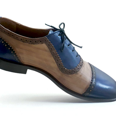 Crafted leather classic men two tone blue patina shaded leather lace up dress shoes