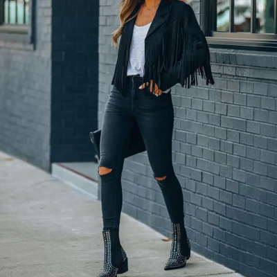 Trendy casual women’s fringed black bomber jacket - Thumbnail 1