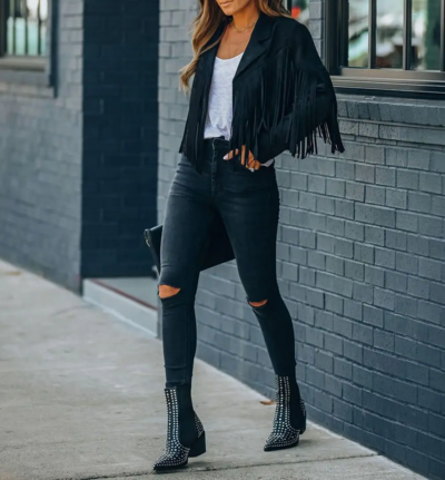 Trendy Casual Women’s Fringed Black Bomber Jacket