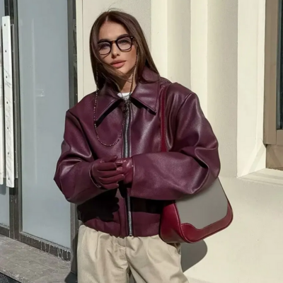 Wine red faux leather jacket