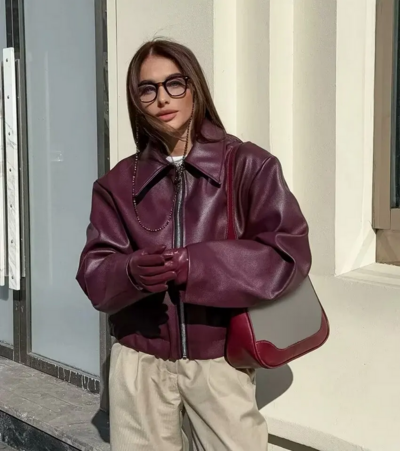 Wine Red Faux Leather Jacket