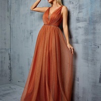 V-neck vest Metal mesh retraction splice sequin webbing long skirt Evening gown - Thumbnail 3