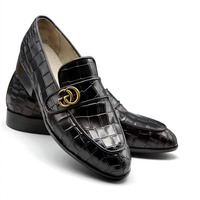Crafted Leather Classic Black Crocodile/Alligator Leather Loafers Dress Shoes - Thumbnail 1