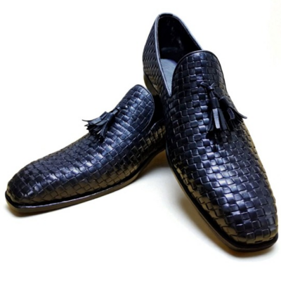 Crafted leather classic men black woven leather tassel loafers dress shoes