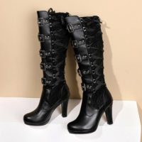 Lace up Rivets Belt Buckle High Heel Mid-Calf Boots for Women - Thumbnail 5