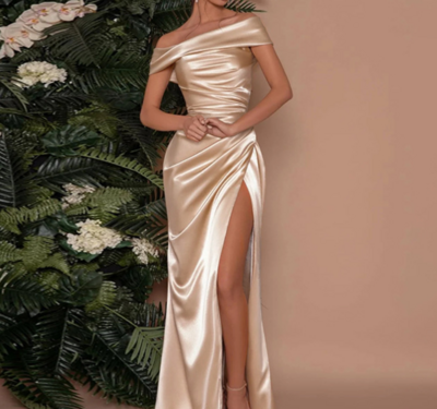 Mercerized one-shoulder slit dress