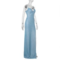 Temperament sexy slim-fitting shiny high-slit dress with suspenders - Thumbnail 1