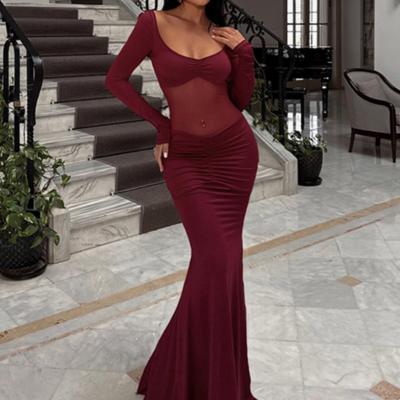 Solid color perspective stitching long sleeve slim sexy high waist dress
