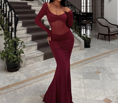 Solid color perspective stitching long sleeve slim sexy high waist dress