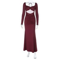 Solid color perspective stitching long sleeve slim sexy high waist dress - Thumbnail 6