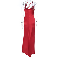 Satin V-neck waist slit dress with open back - Thumbnail 4