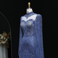 Elegant Blue Beaded Evening Dress with Cape Sleeves High Neck Gown - Thumbnail 2