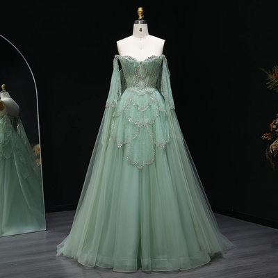 Elegant Off Shoulder Sage Green Evening Dress with Cape Sleeves 
