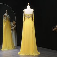 Striking Crystal Yelllow Luxury Arabic Evening Gown with Flowing Cape  - Thumbnail 7