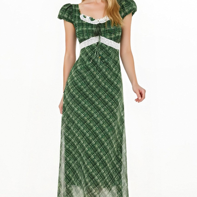 Large u-neck chest tie lace patchwork short-sleeved waist dress