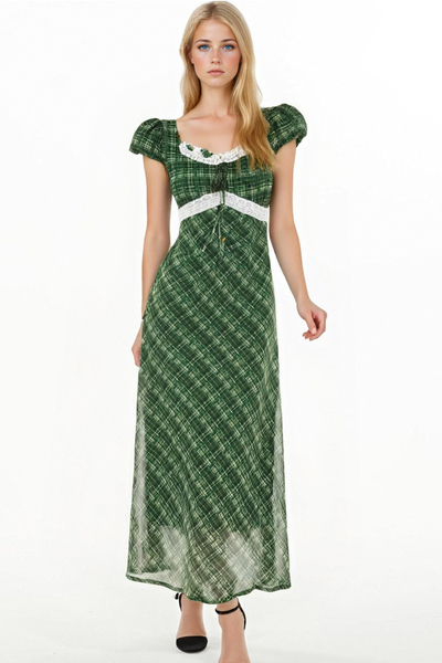 Large U-neck chest tie lace patchwork short-sleeved waist dress