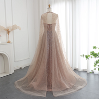 Sparkly Crystal Turquoise Luxury Dubai Evening Dress with Hooded Cape - Thumbnail 3
