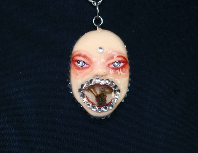 Handmade doll face necklace with real wasp in mouth necklace (unique)