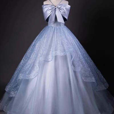Elegant blue tulle long a-line prom evening dress