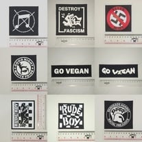 Anti Music symbol patch, Destroy Fascism patch, Never Again patch, Go Vegan patch, Slogan patch, Ska patch, Rude Boy patch, Sharp patch