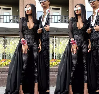 Black Formal Jumpsuits: Elegant Long Sleeve Prom Gowns, Black Prom Dress for Pageants & Evening Events, Plus Sizes Available