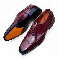 Crafted Leather Classic Men Burgundy Leather Wingtip Oxford Dress Shoes - Thumbnail 3